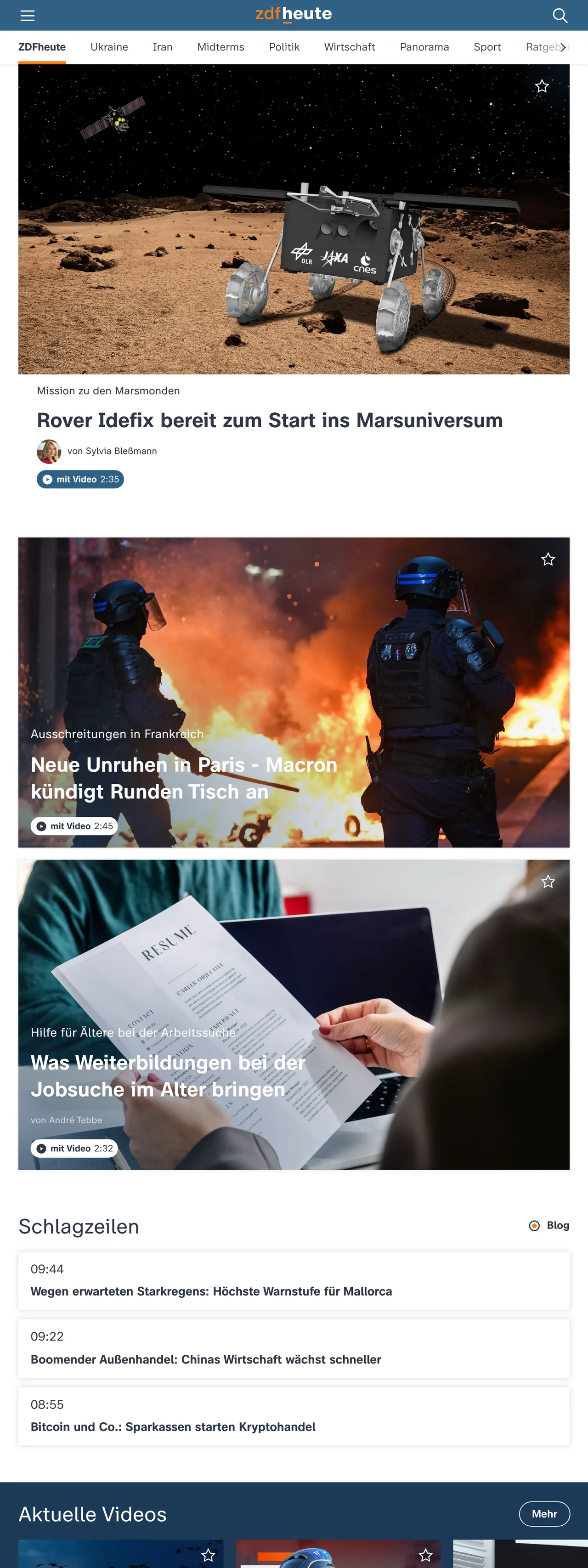 Screenshot of the ZDFheute front page