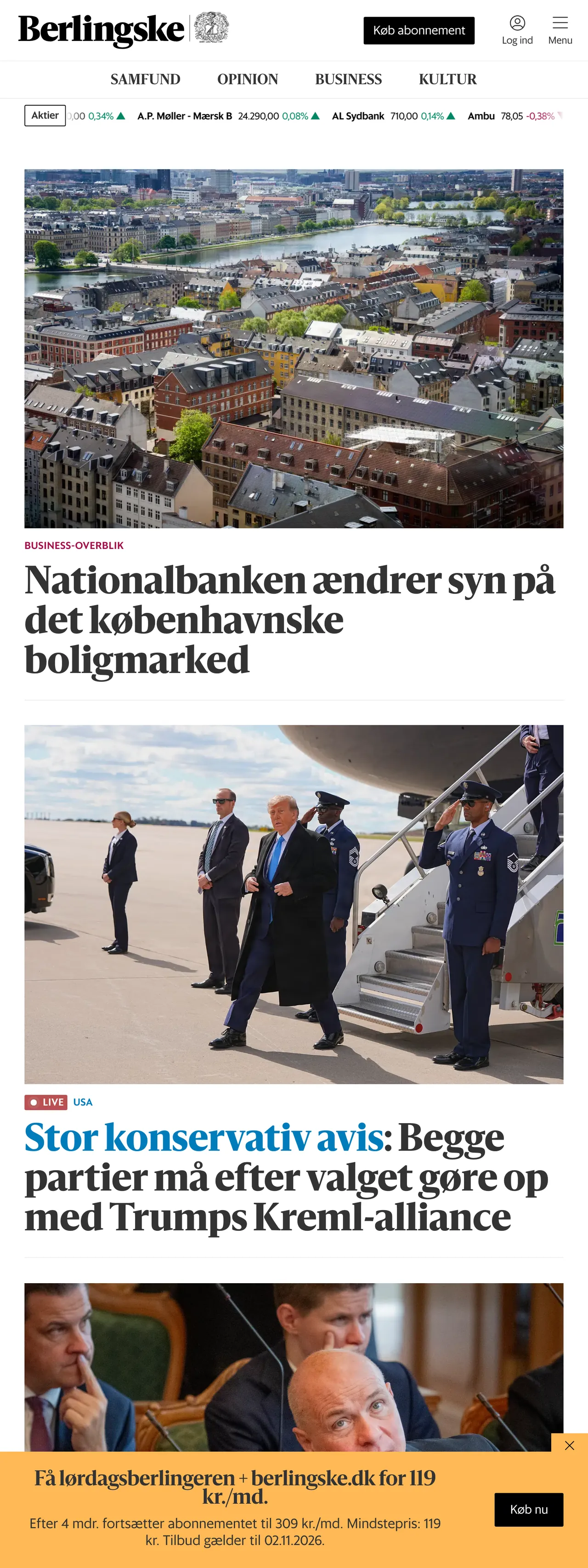 Screenshot of the Berlingske front page