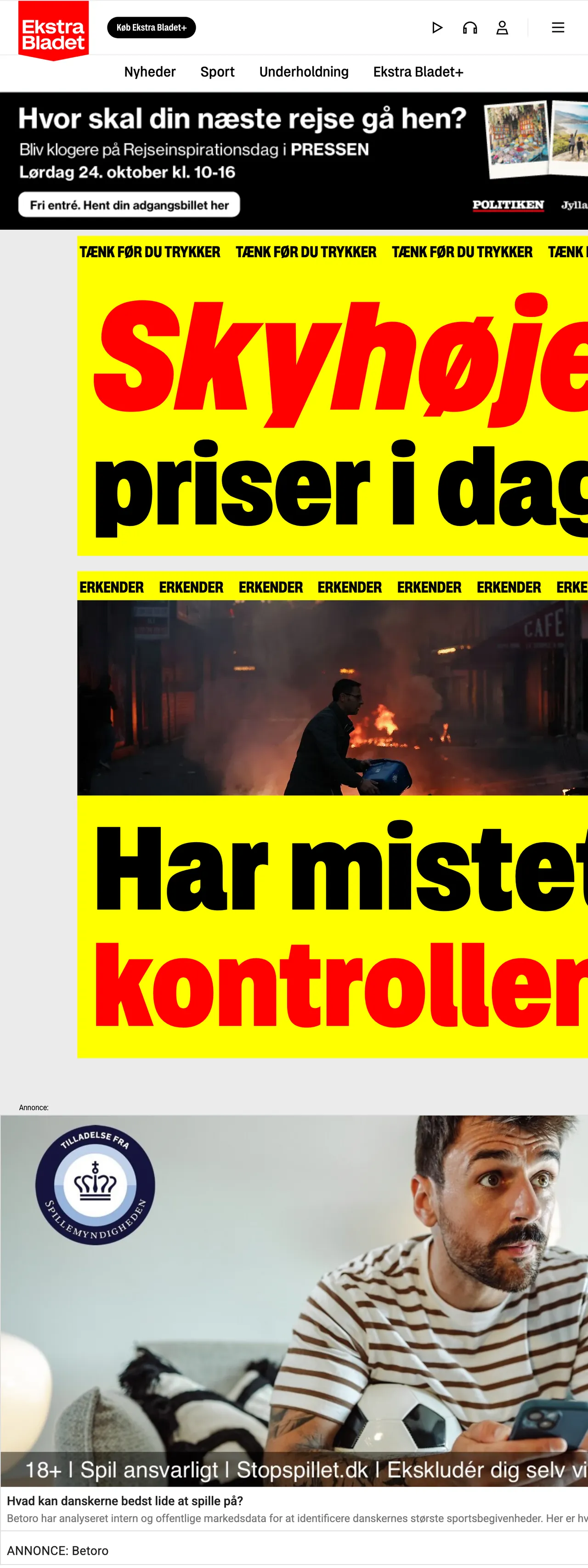 Screenshot of the Ekstra Bladet front page