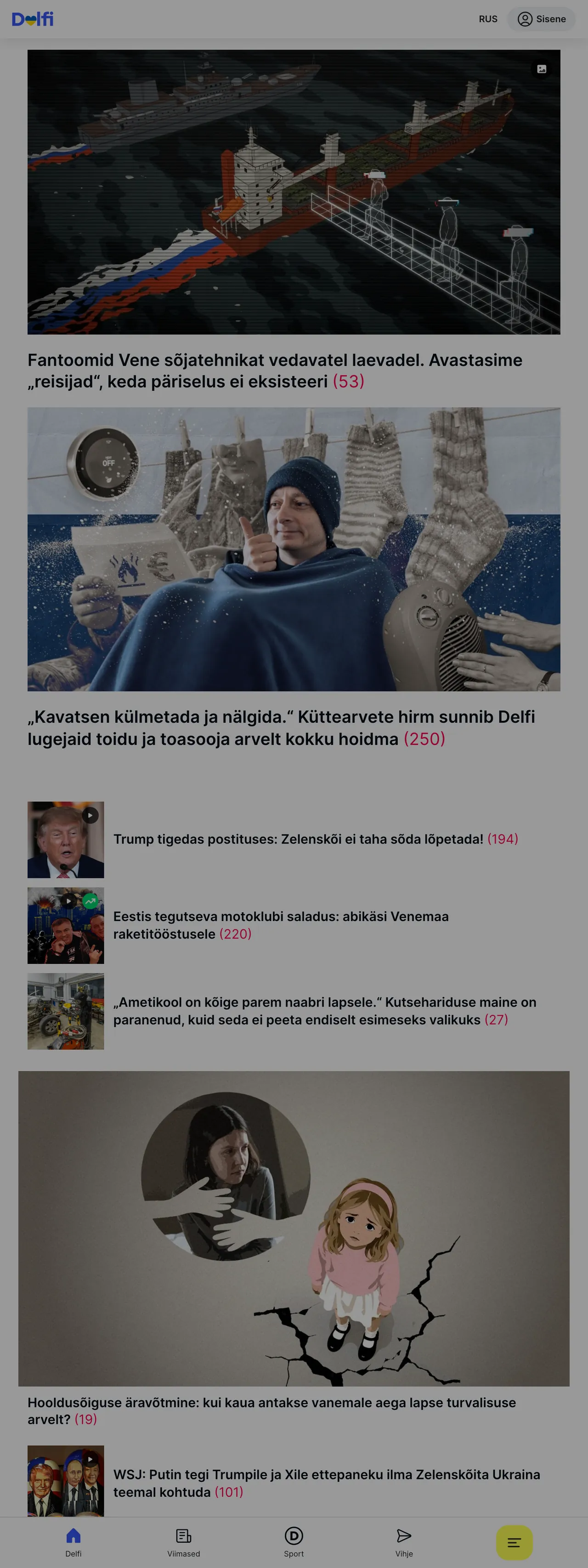 Screenshot of the Delfi front page