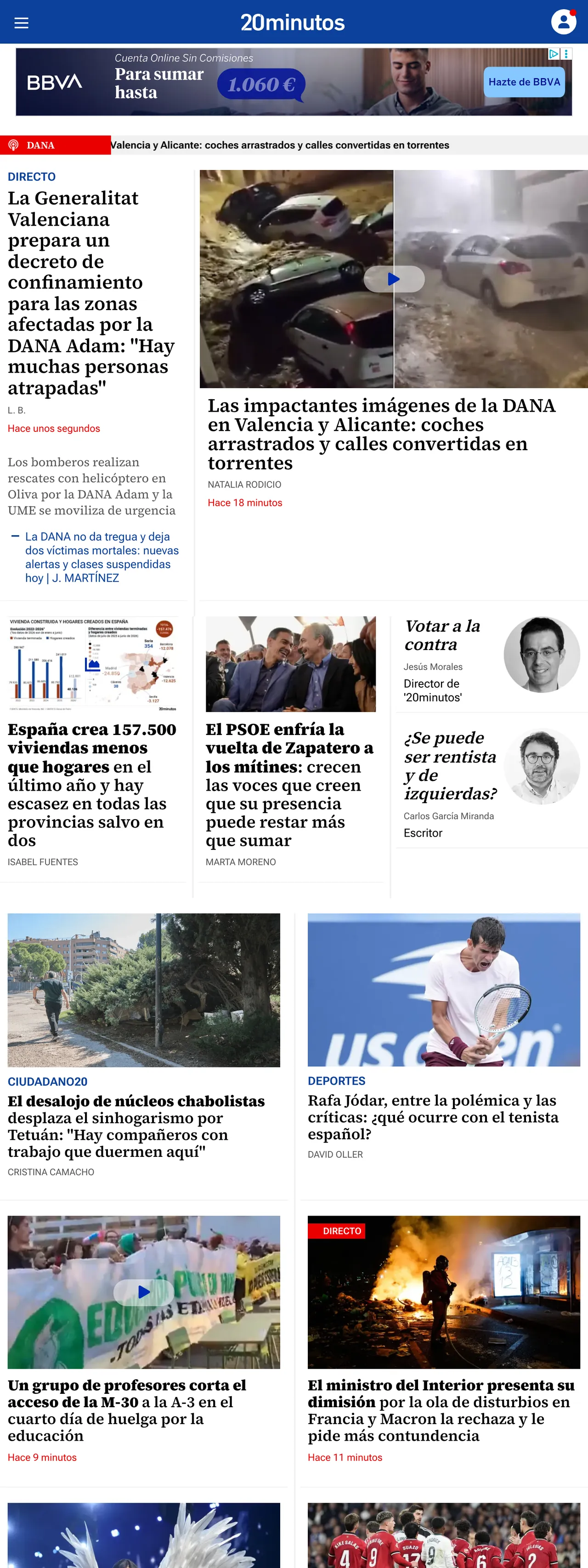 Screenshot of the 20minutos front page
