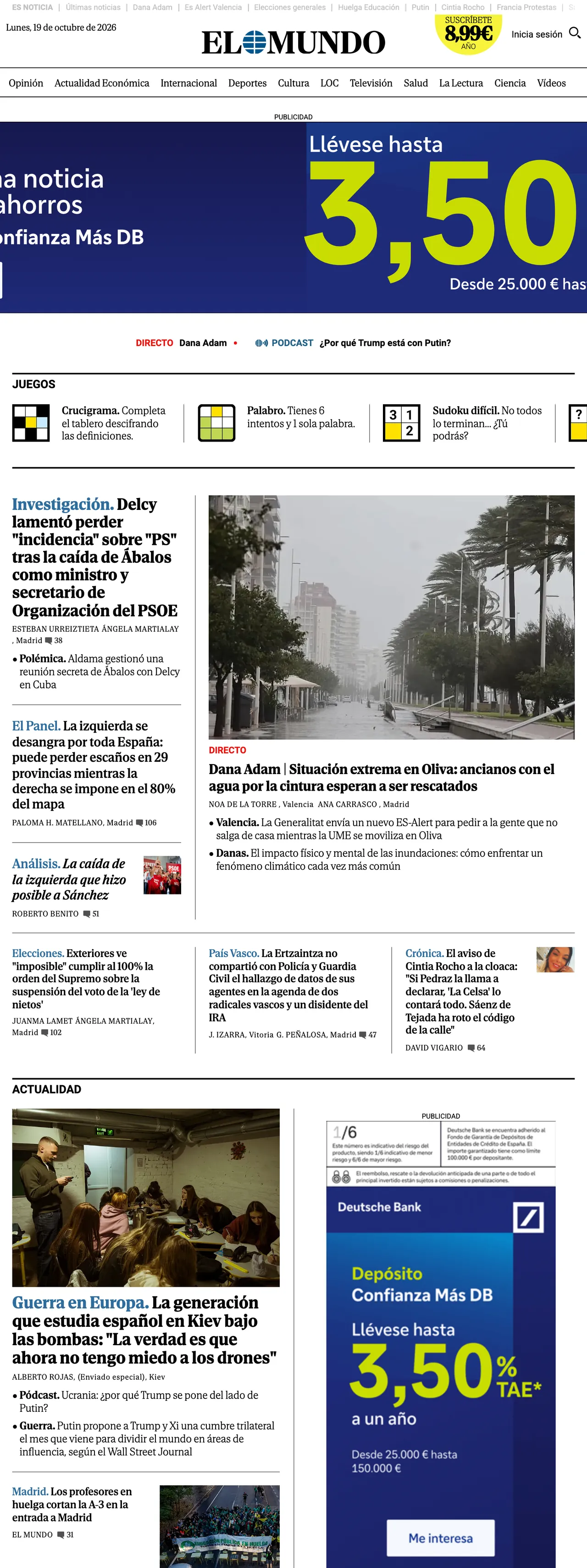 Screenshot of the El Mundo front page