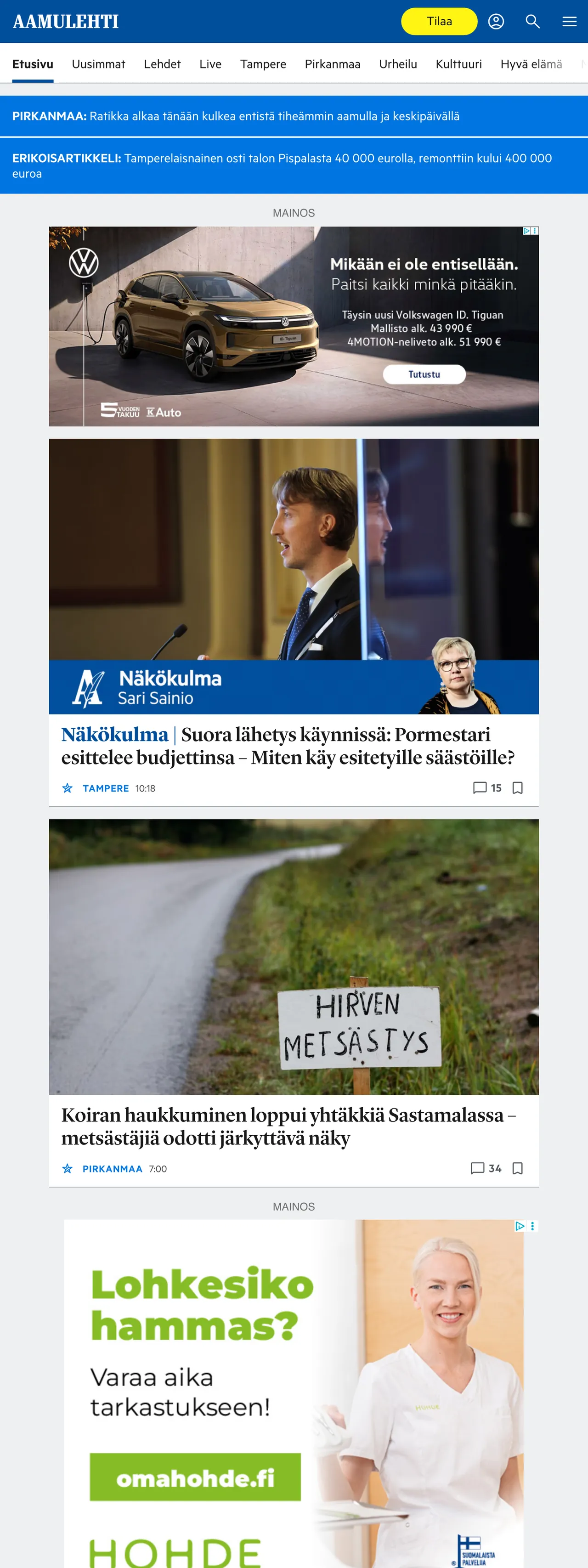 Screenshot of the Aamulehti front page