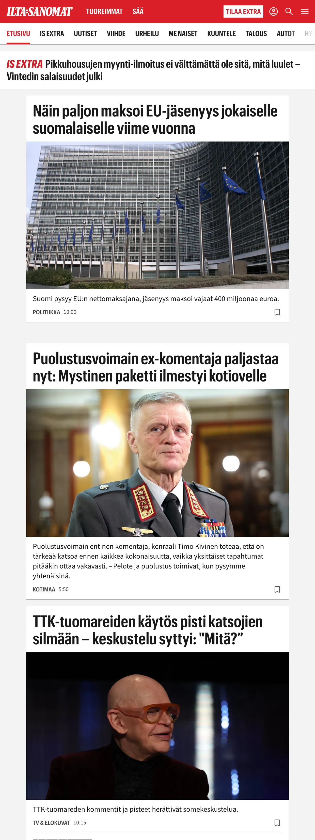 Screenshot of the Ilta-Sanomat front page