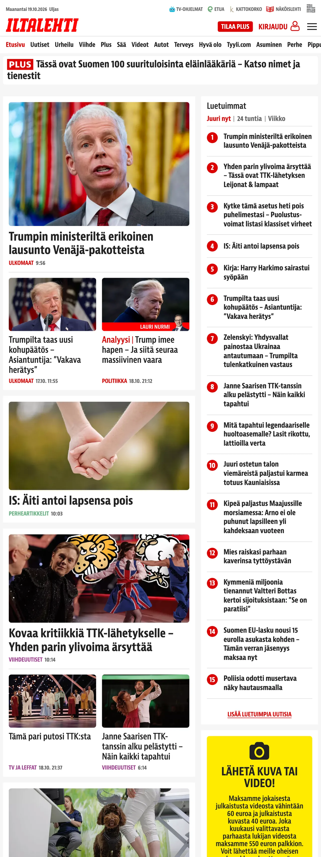 Screenshot of the Iltalehti front page