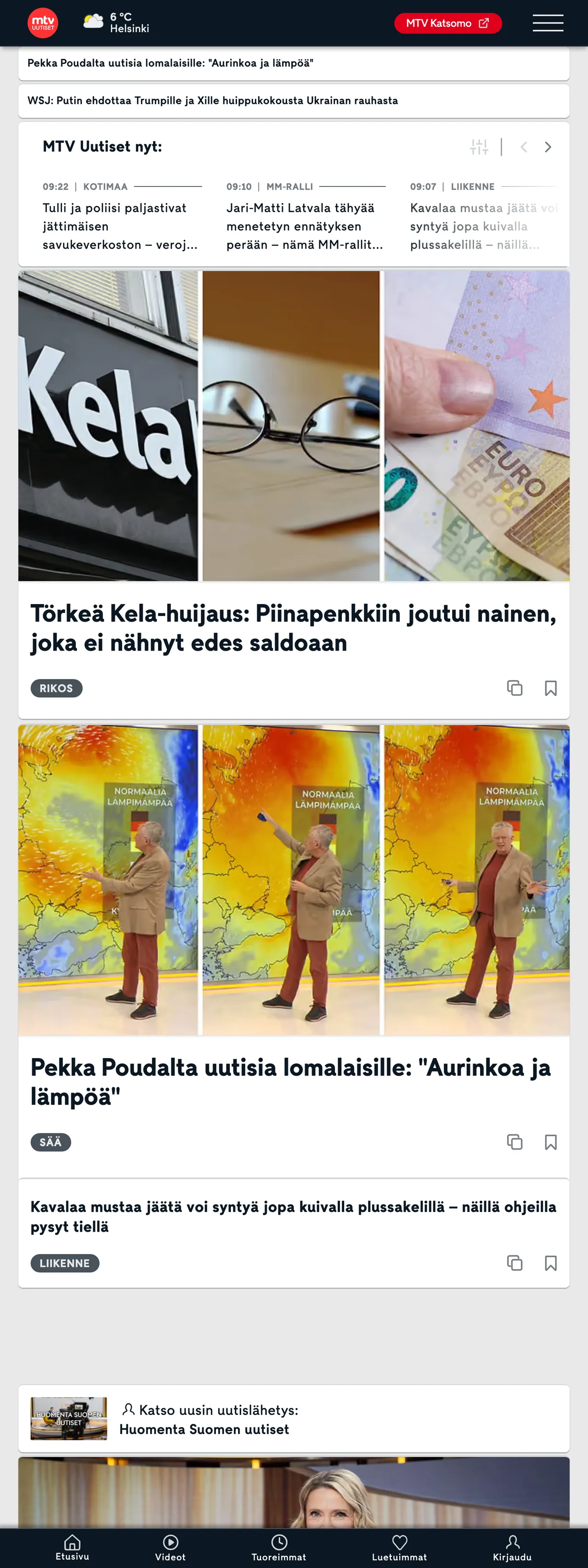Screenshot of the MTV Uutiset front page