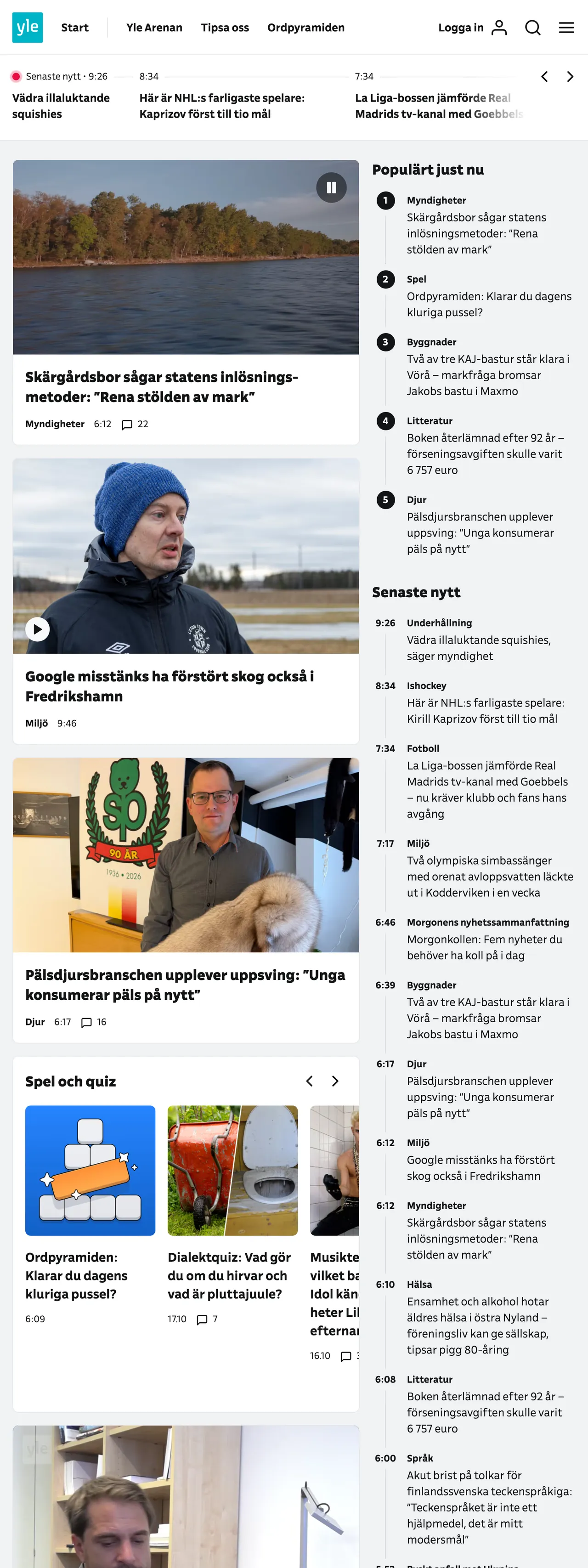 Screenshot of the Svenska Yle front page
