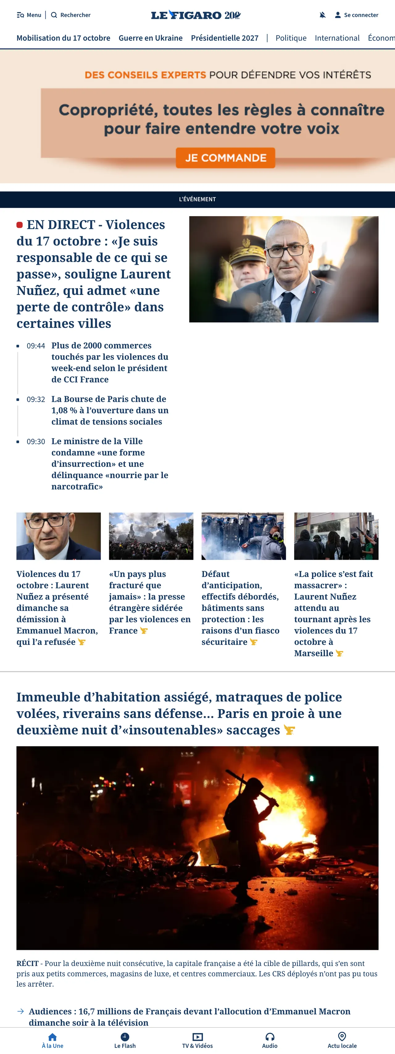 Screenshot of the Le Figaro front page