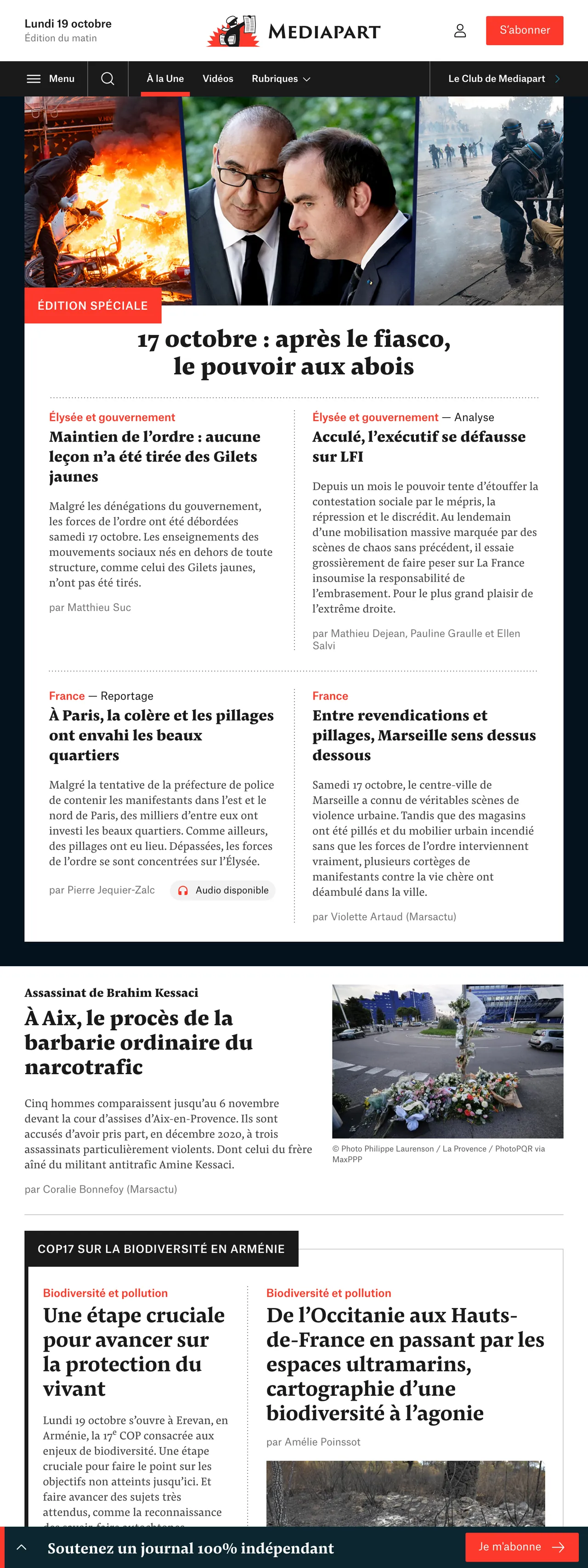 Screenshot of the Mediapart front page