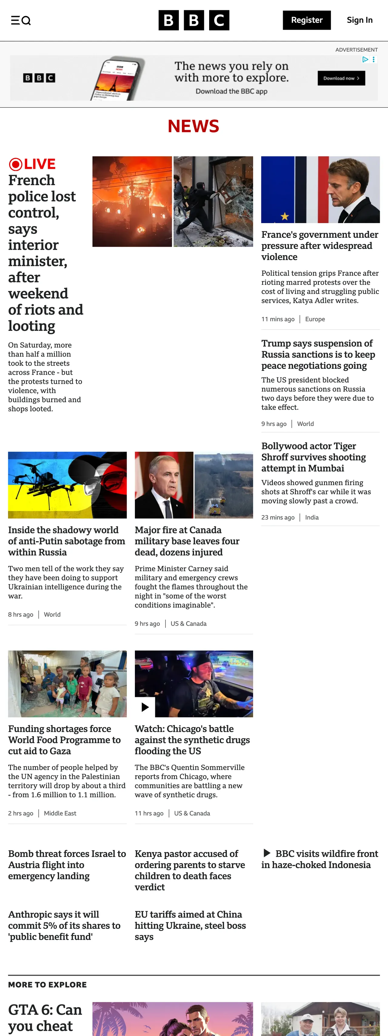 Screenshot of the BBC News front page