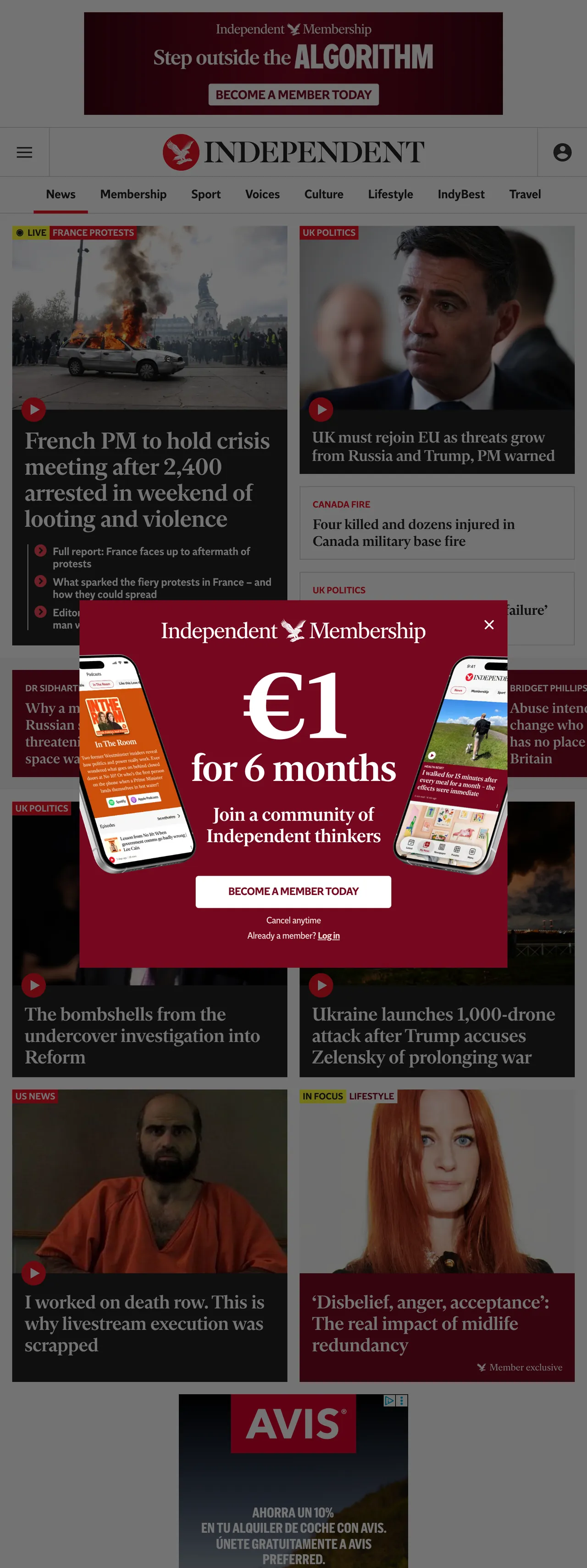 Screenshot of the The Independent front page