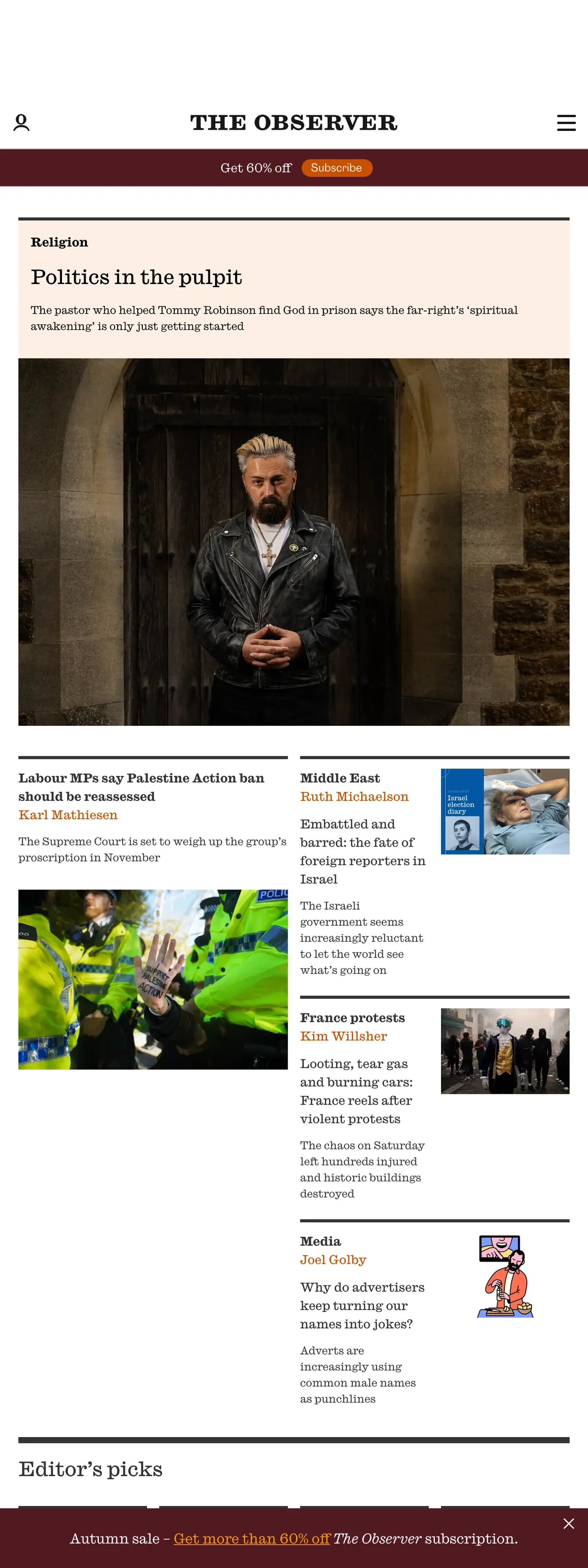 Screenshot of the The Observer front page