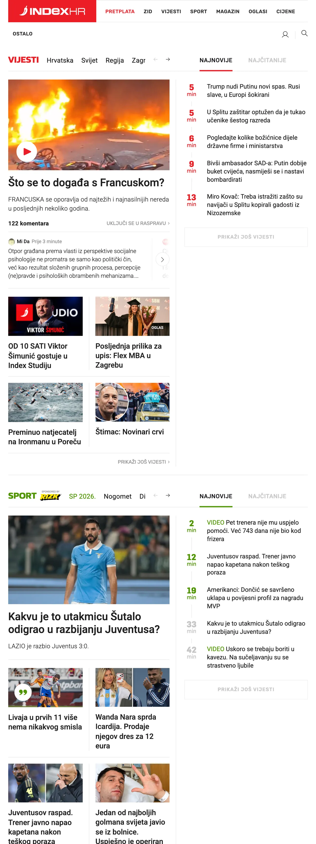 Screenshot of the Index.hr front page