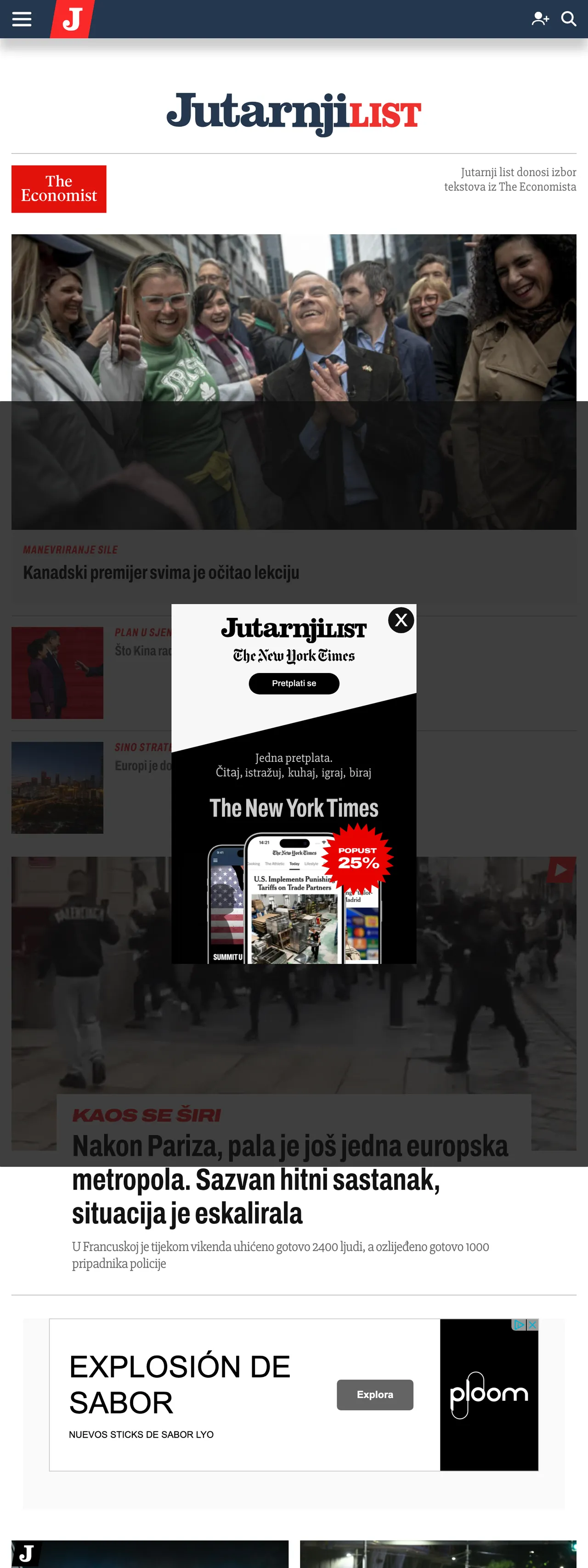 Screenshot of the Jutarnji list front page