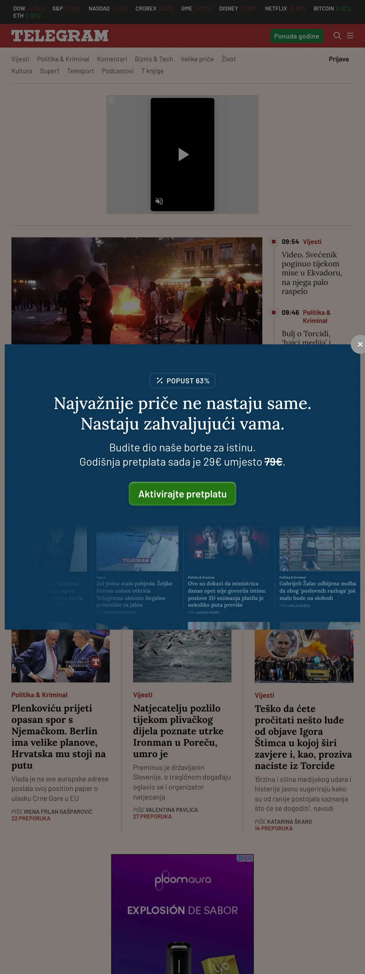 Screenshot of the Telegram.hr front page