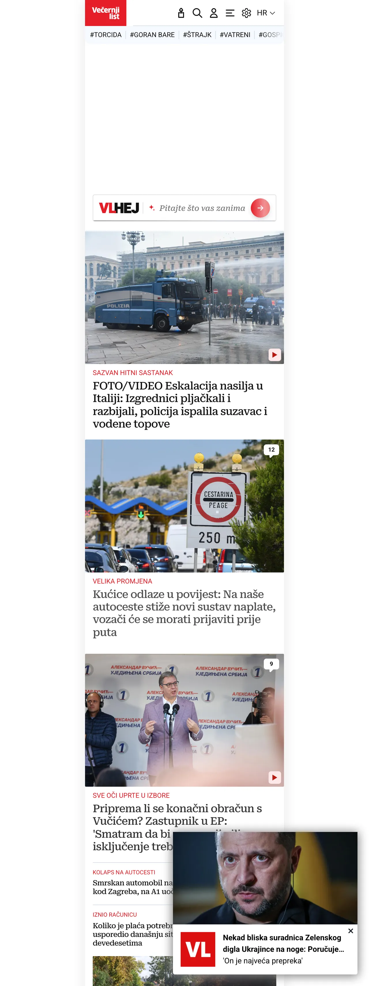 Screenshot of the Večernji list front page