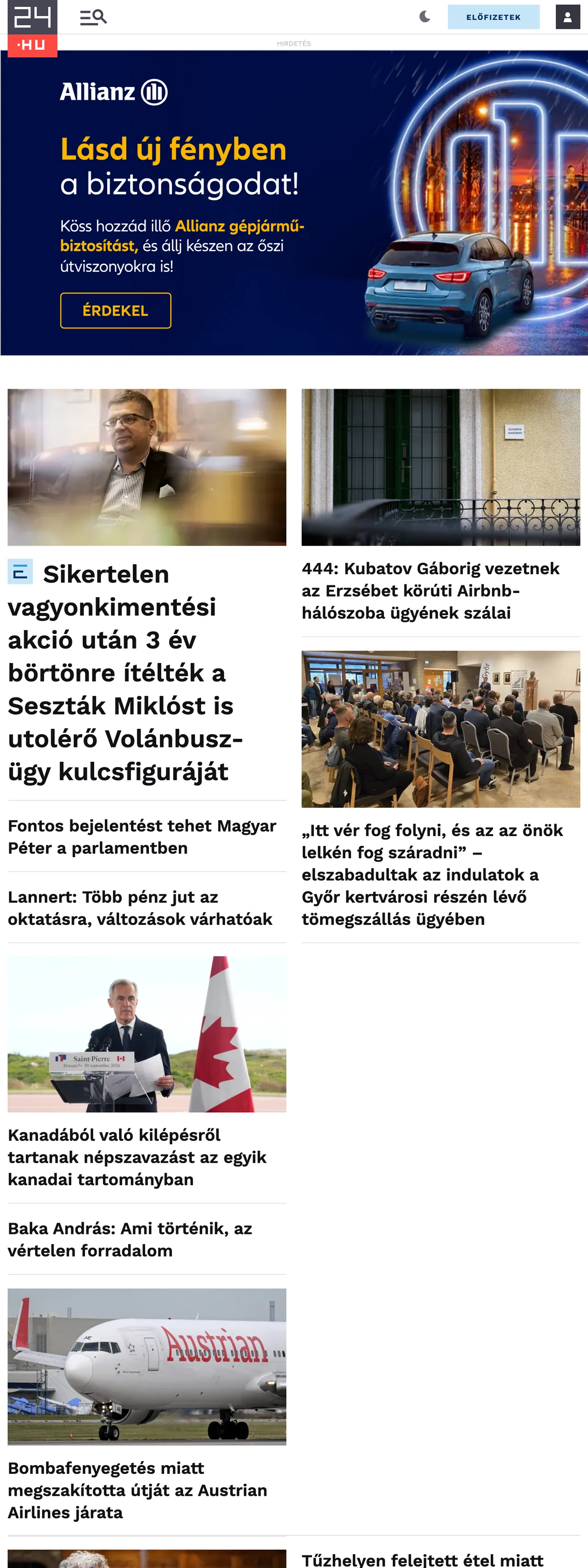 Screenshot of the 24.hu front page