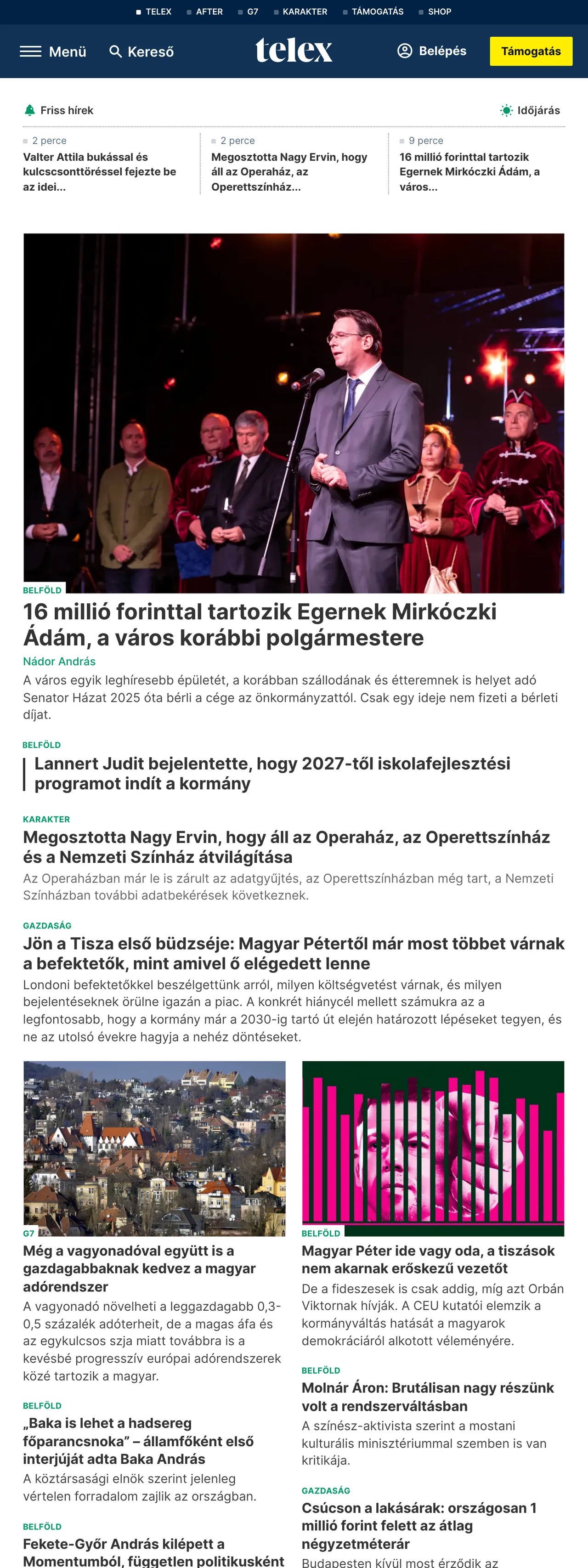Screenshot of the Telex front page