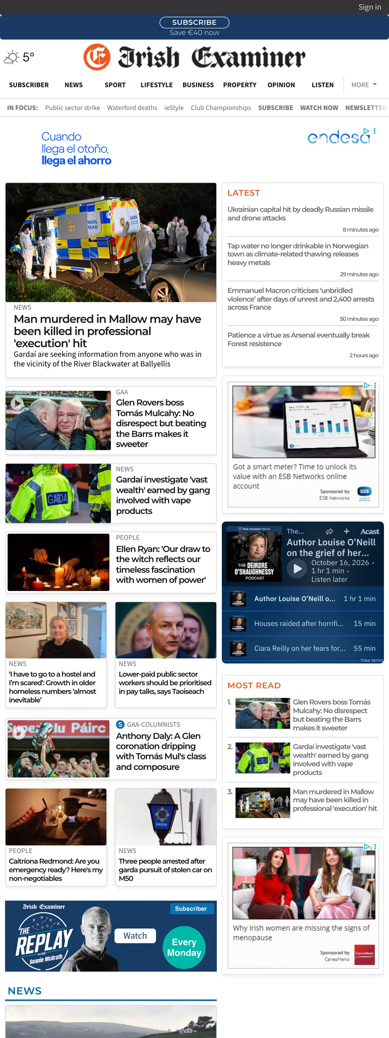 Screenshot of the Irish Examiner front page