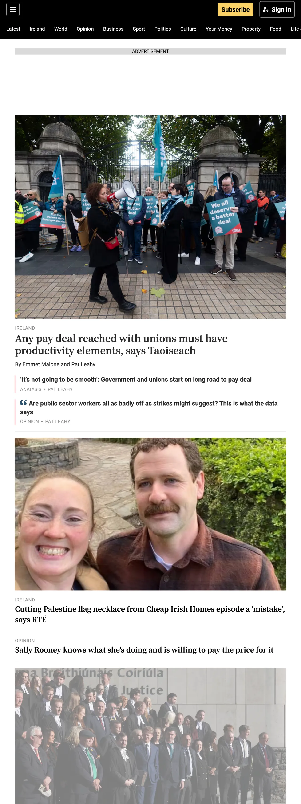 Screenshot of the The Irish Times front page