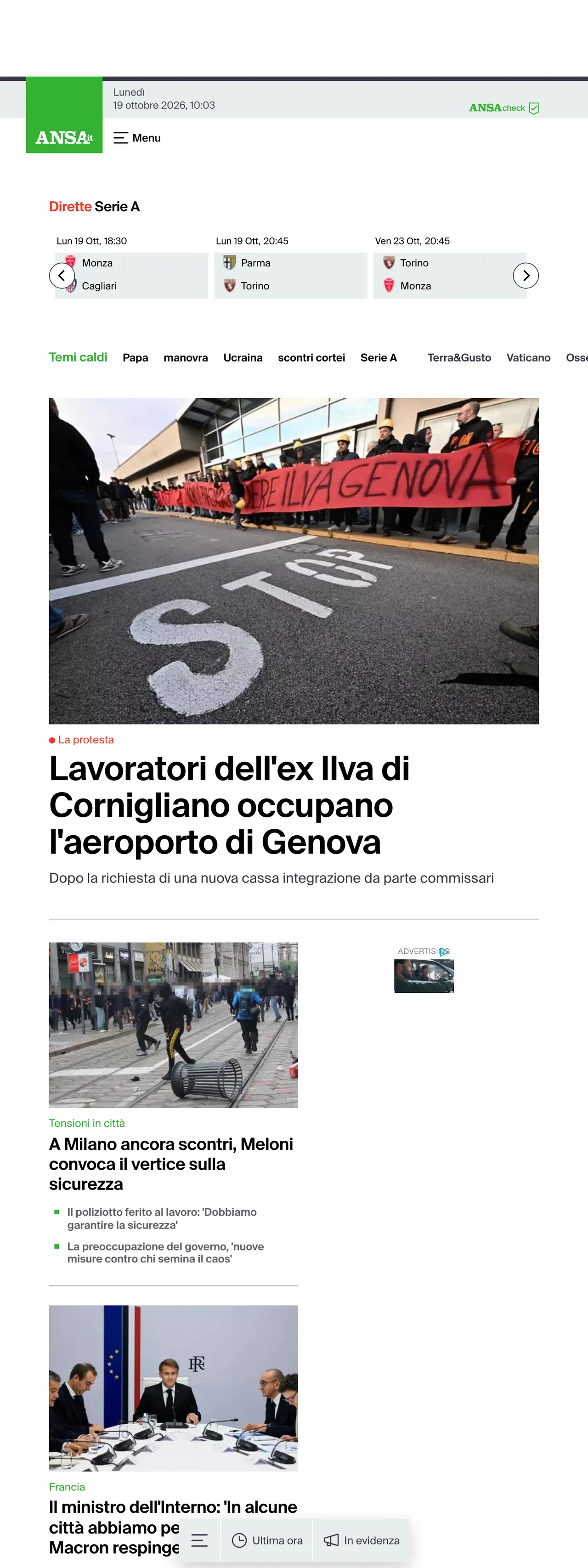 Screenshot of the ANSA front page