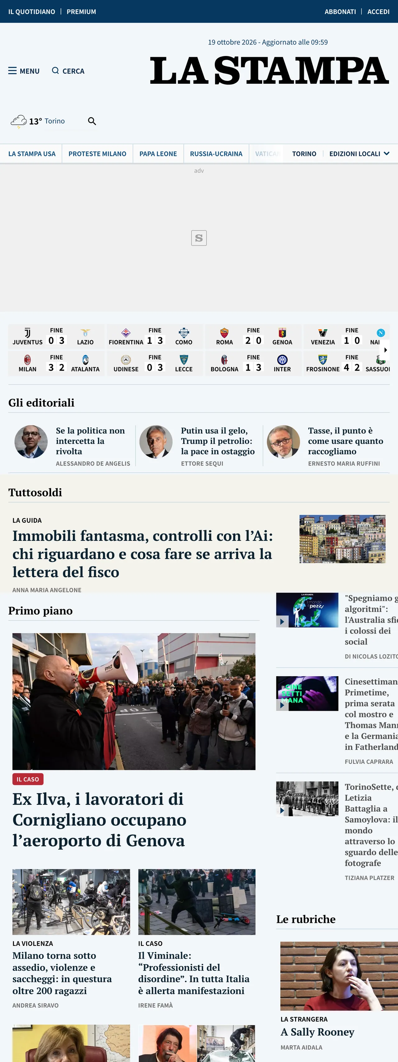 Screenshot of the La Stampa front page