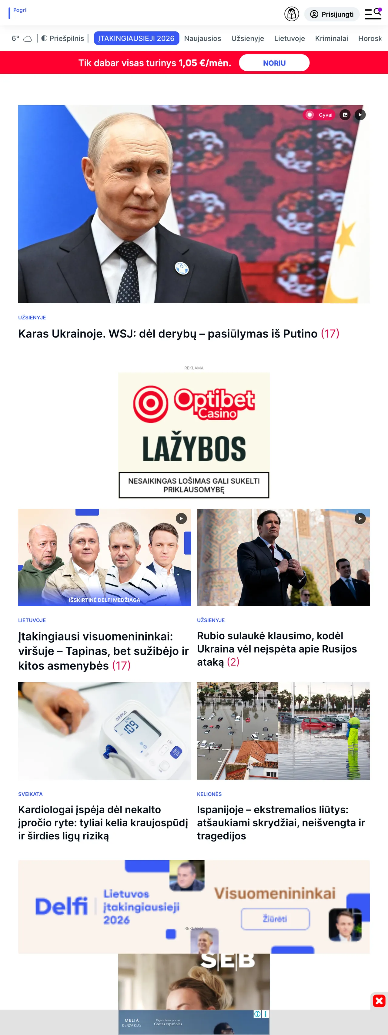 Screenshot of the Delfi front page