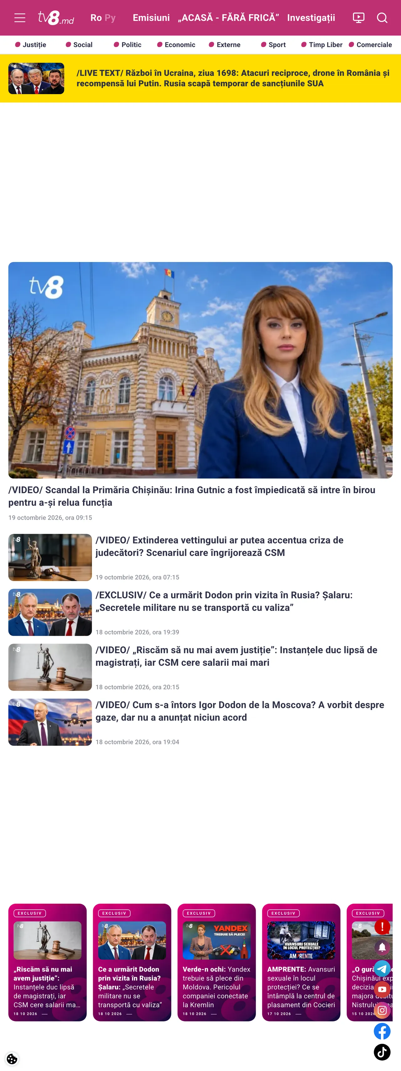 Screenshot of the TV8 front page
