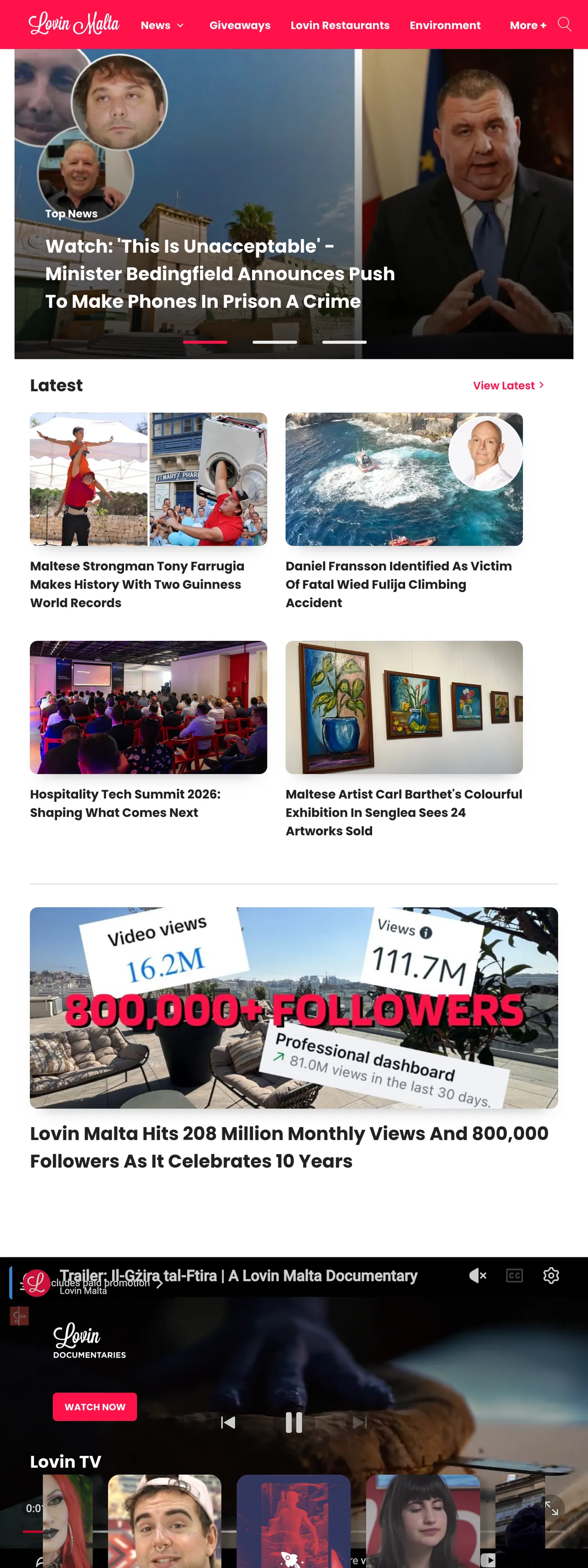 Screenshot of the Lovin Malta front page