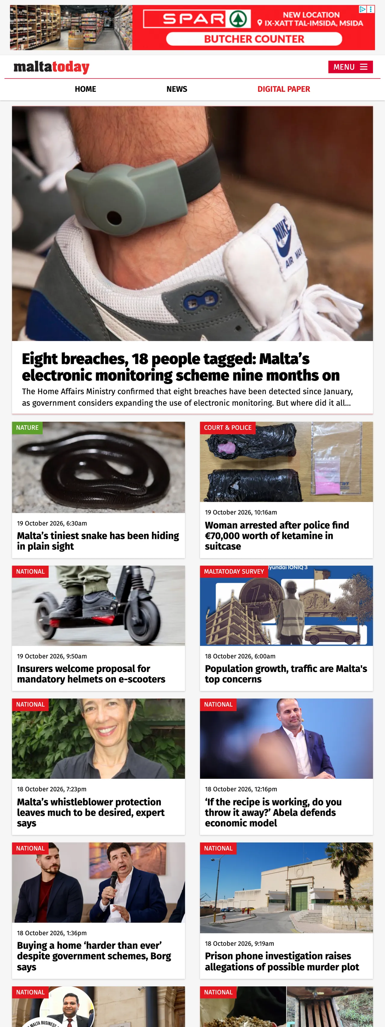 Screenshot of the Malta Today front page