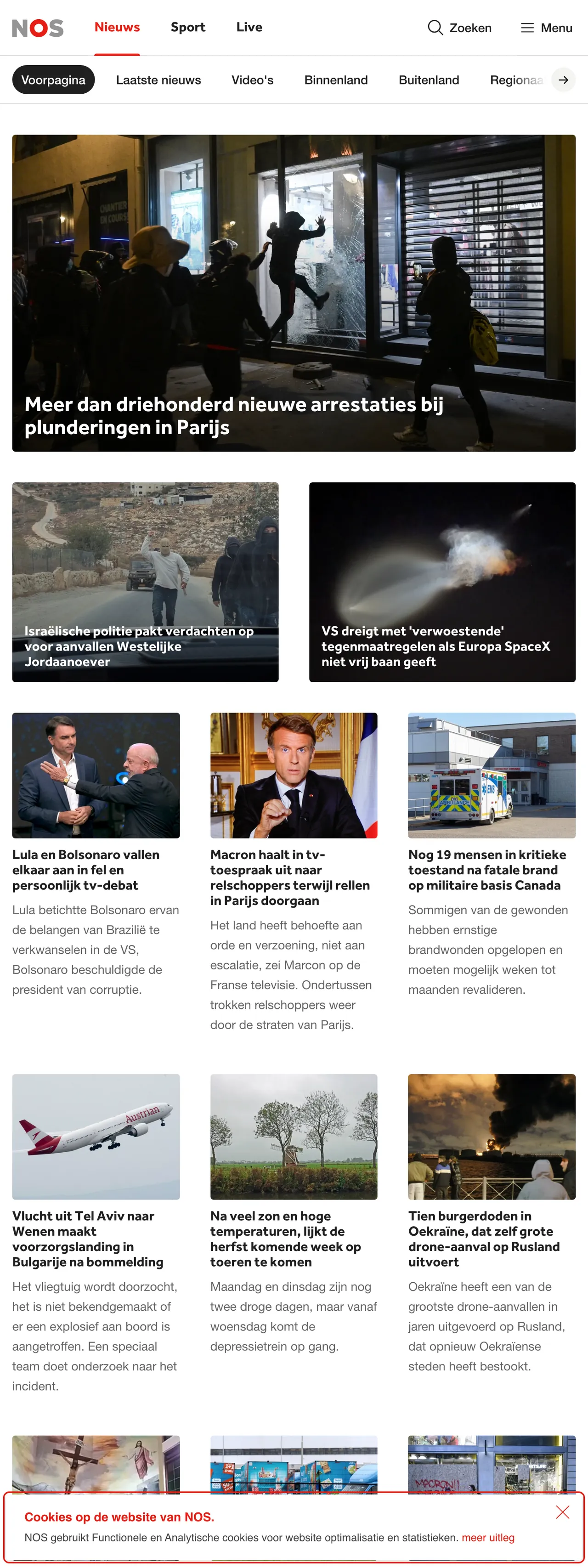 Screenshot of the NOS front page