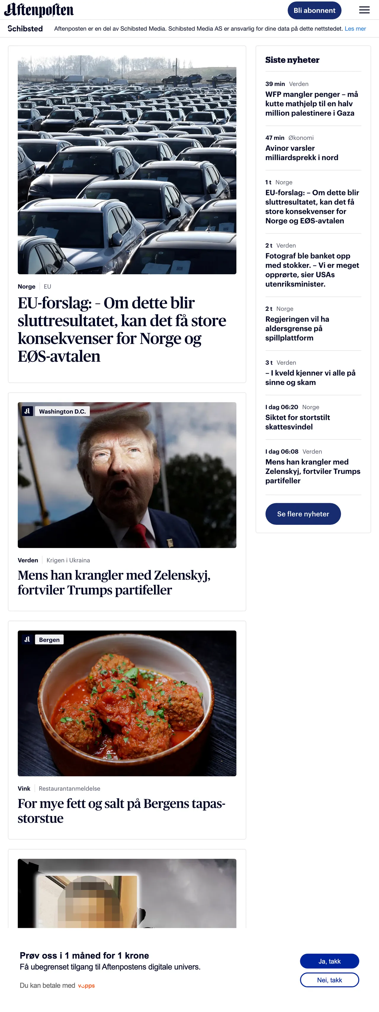 Screenshot of the Aftenposten front page