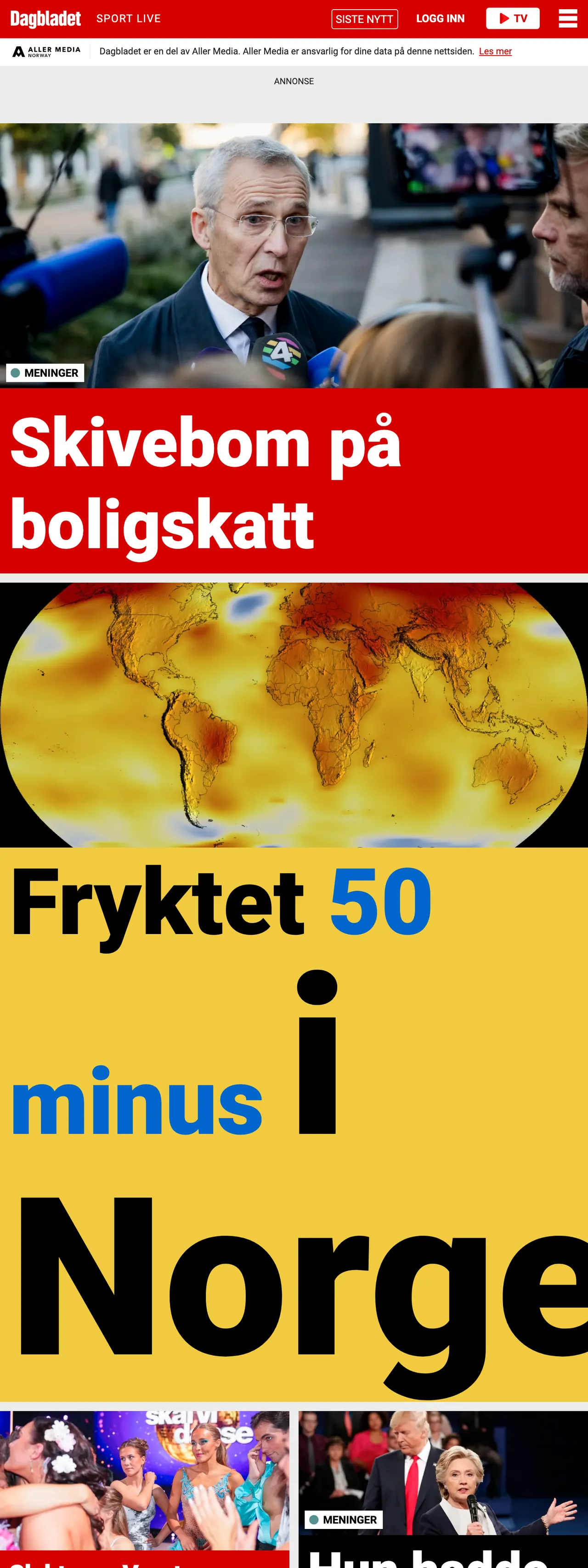 Screenshot of the Dagbladet front page