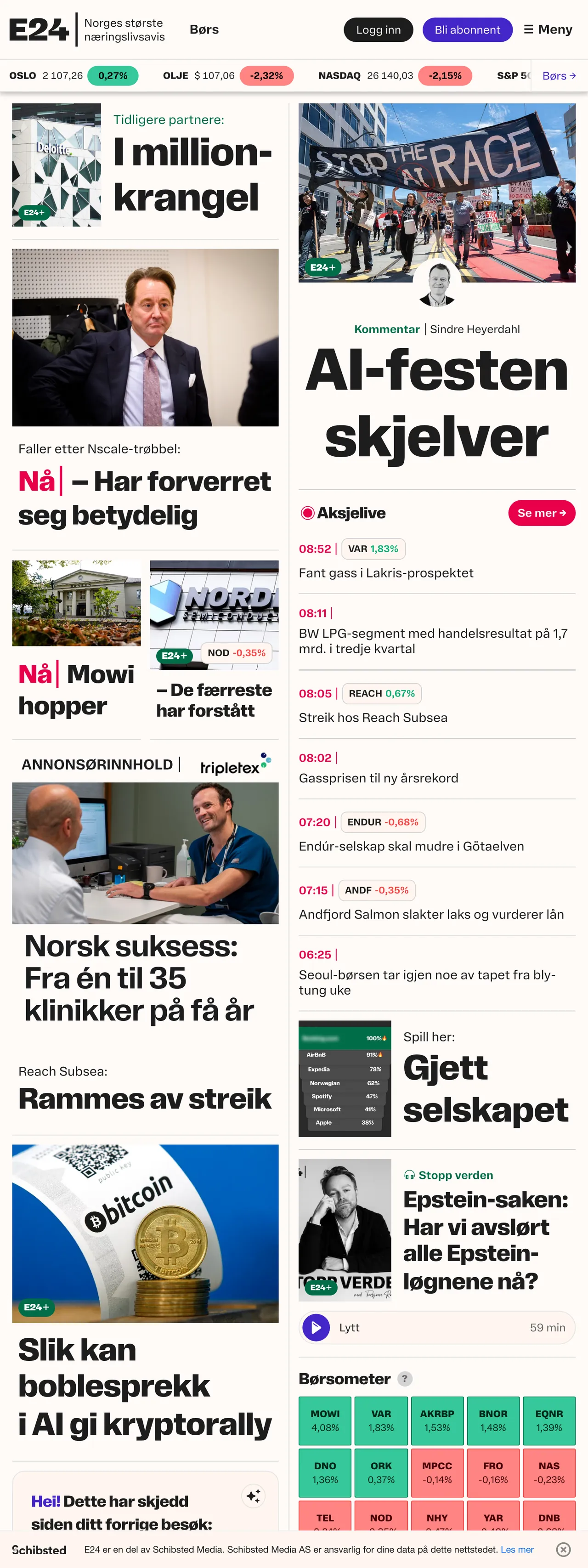 Screenshot of the E24 front page