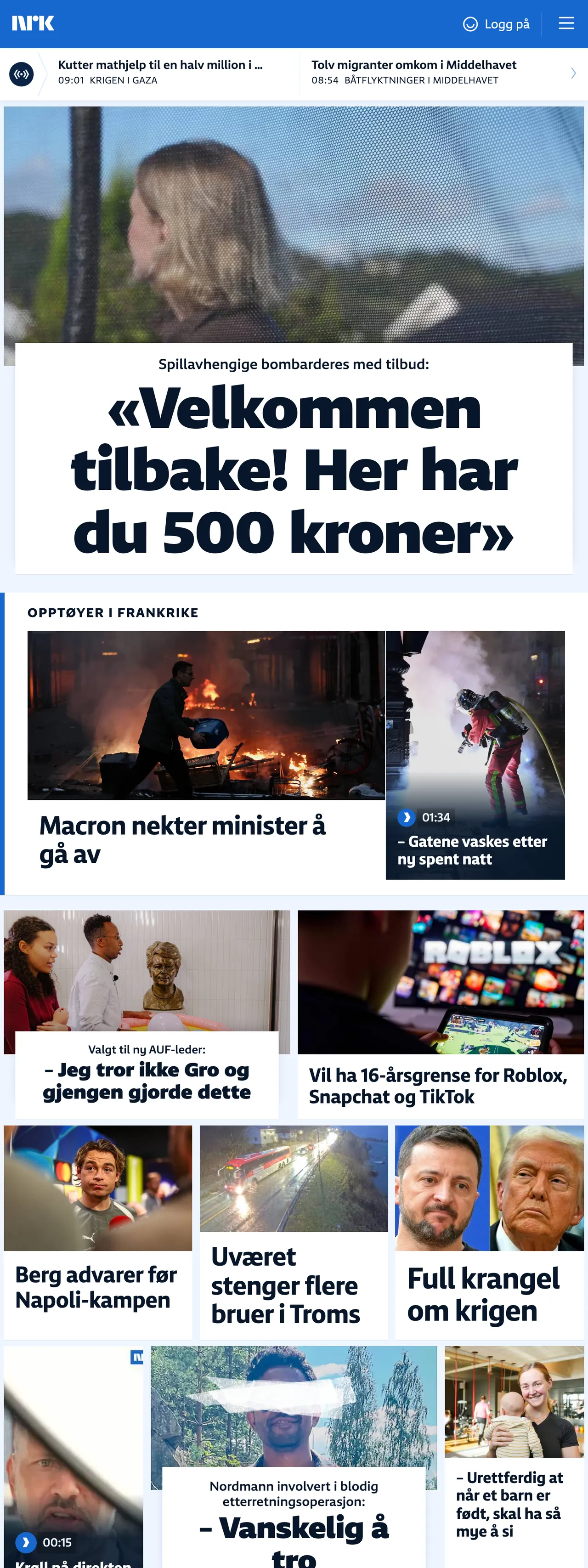 Screenshot of the NRK front page