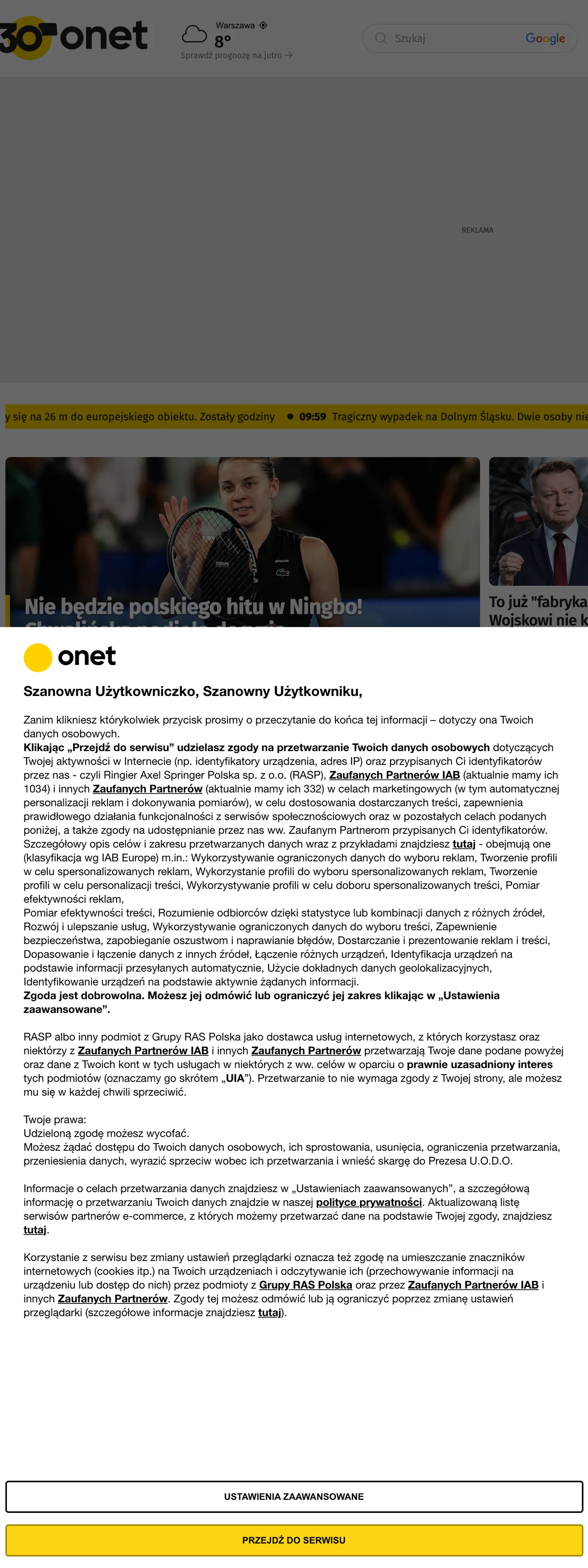 Screenshot of the Onet front page