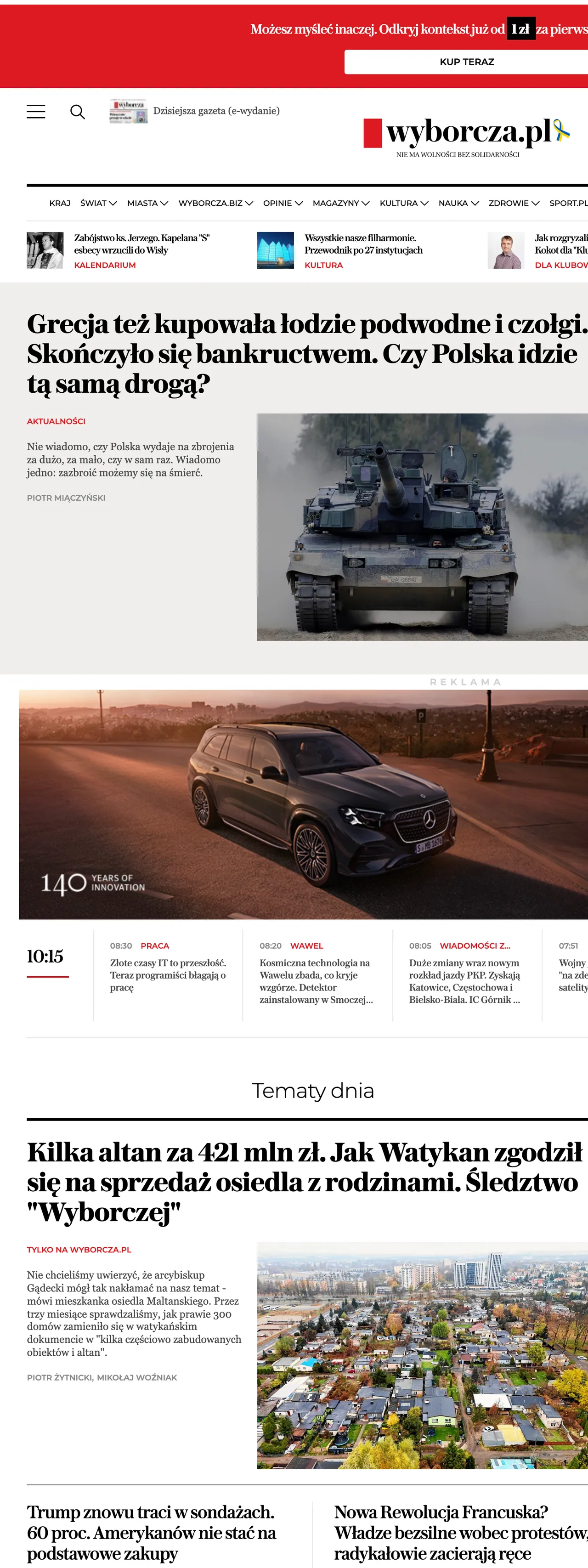 Screenshot of the Wyborcza front page
