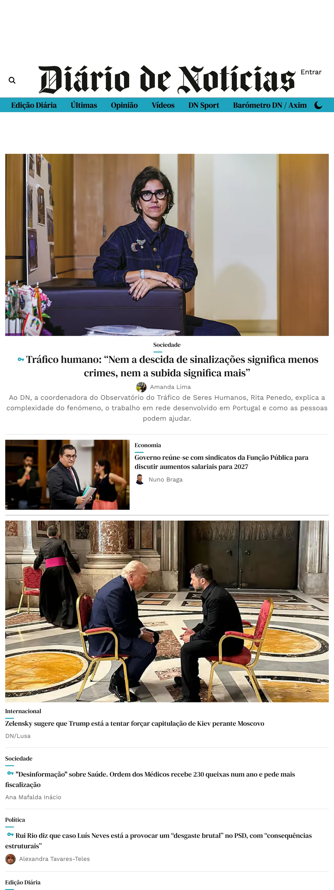 Screenshot of the Diário de Notícias front page