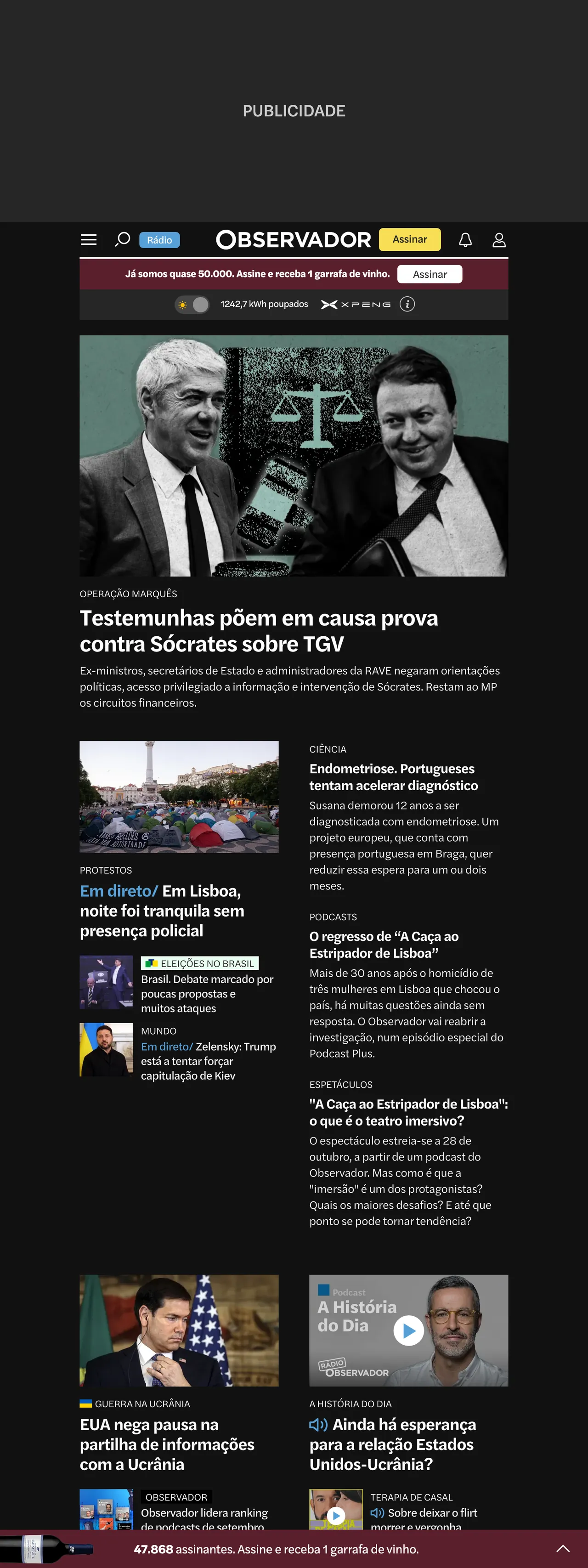 Screenshot of the Observador front page