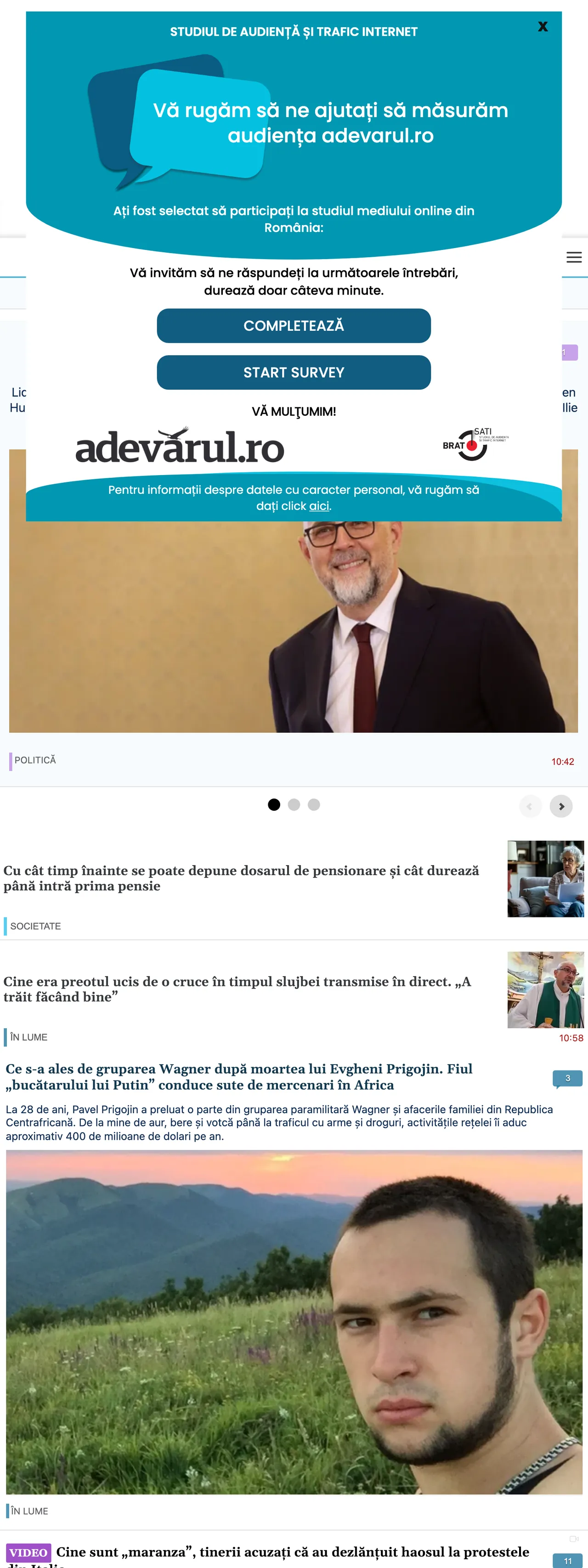 Screenshot of the Adevărul front page