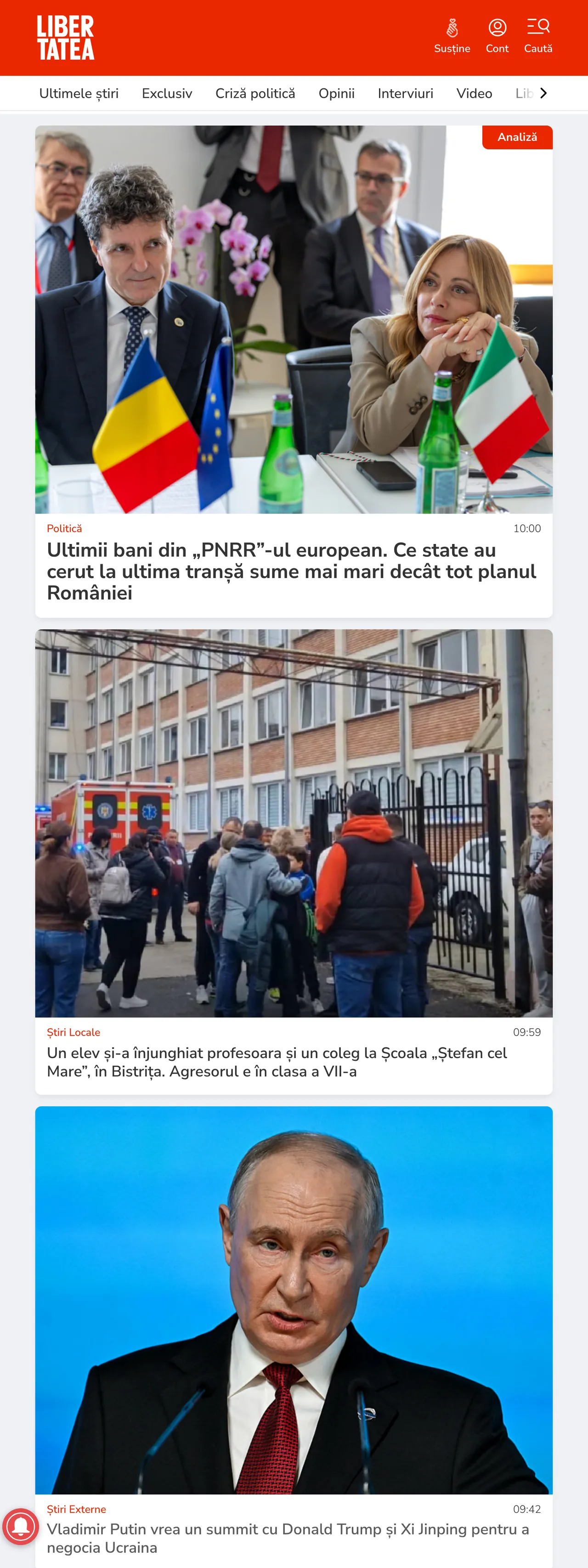 Screenshot of the Libertatea front page