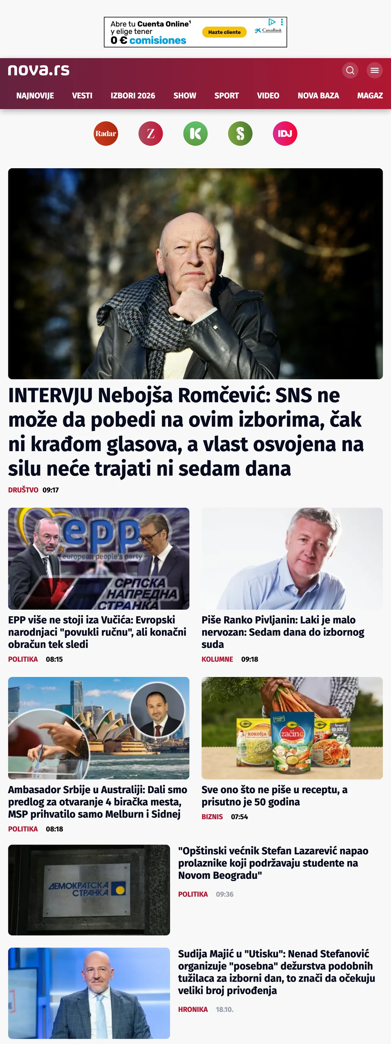Screenshot of the Nova front page