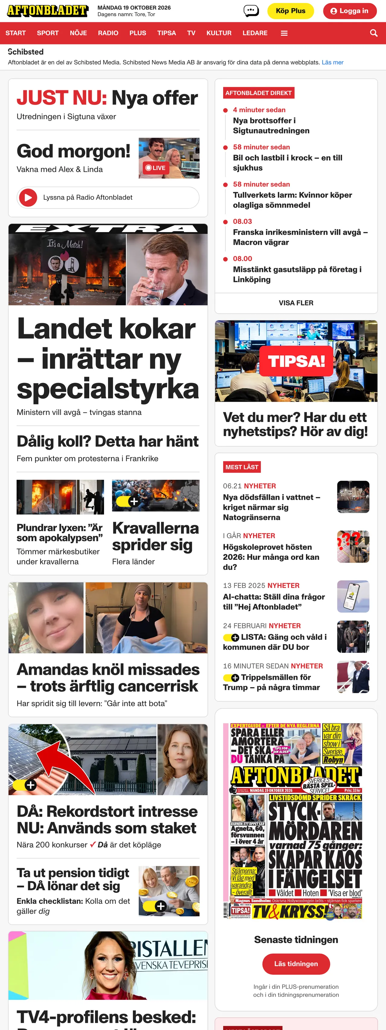 Screenshot of the Aftonbladet front page