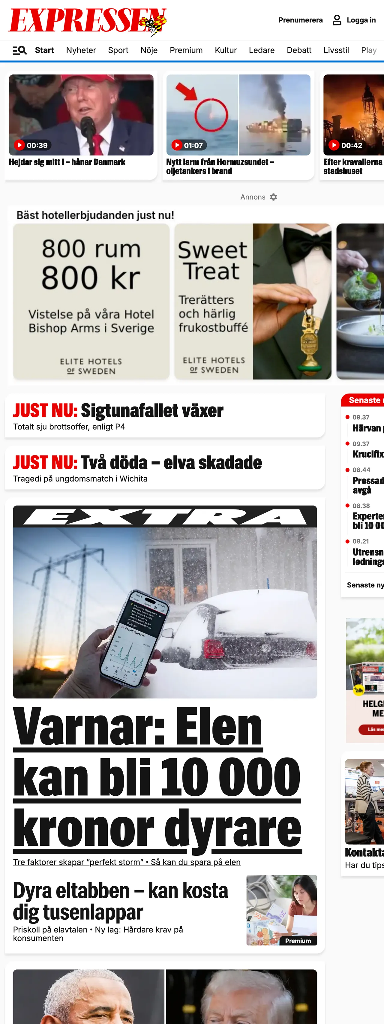 Screenshot of the Expressen front page
