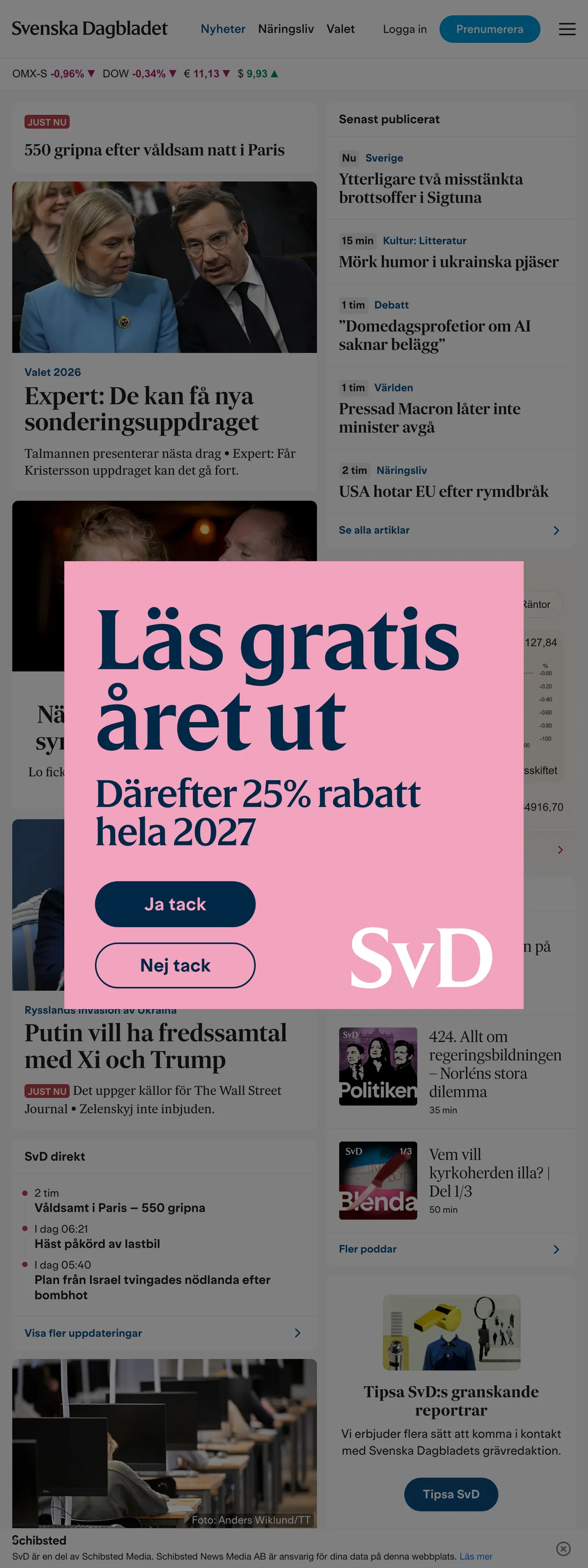 Screenshot of the Svenska Dagbladet front page