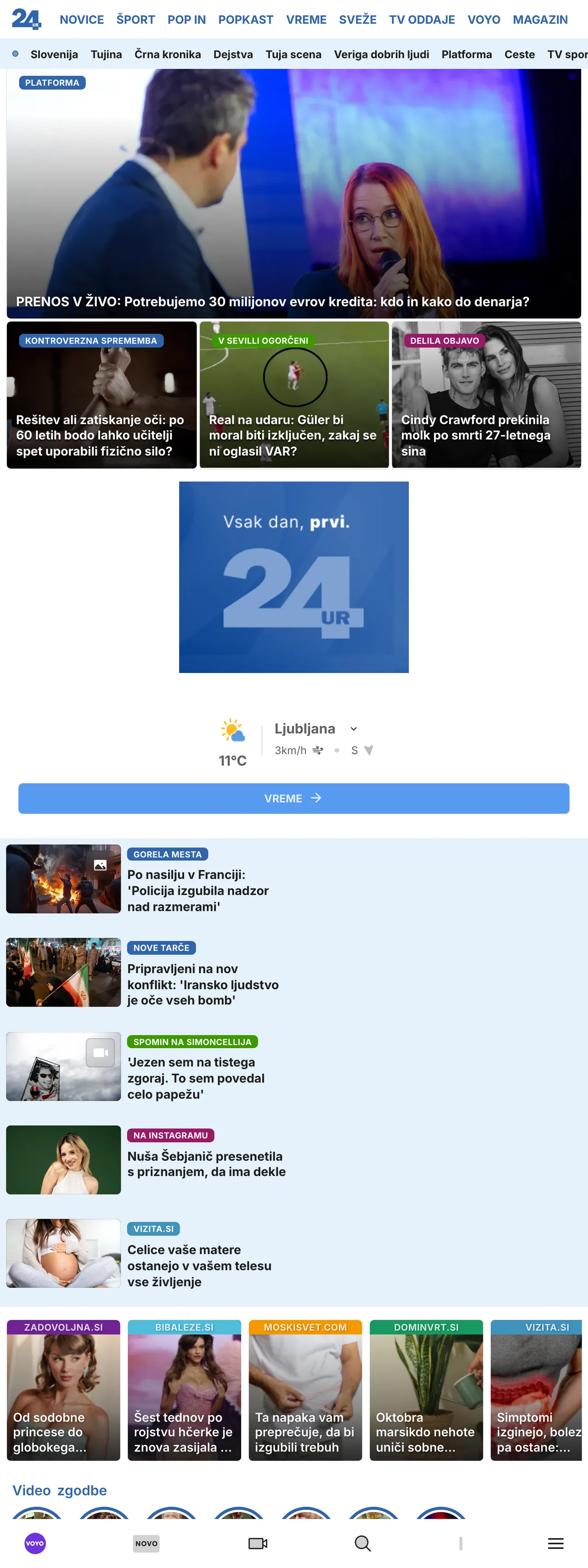 Screenshot of the 24ur front page