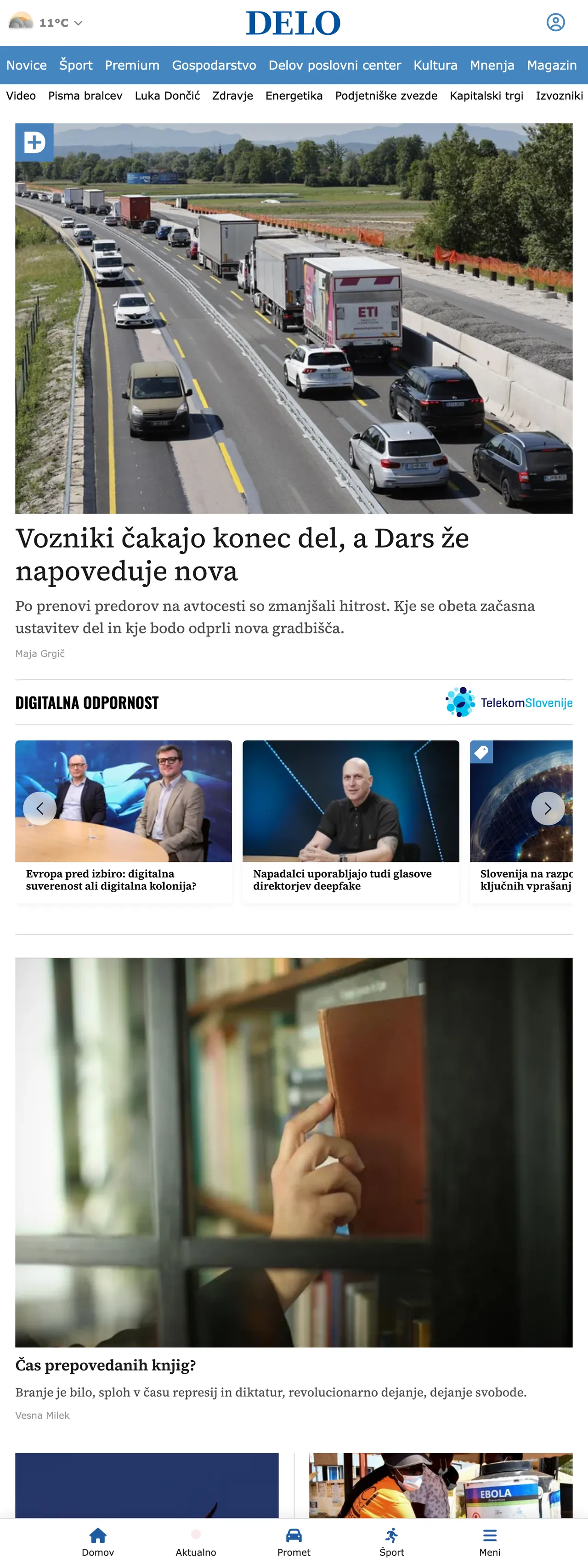 Screenshot of the Delo front page