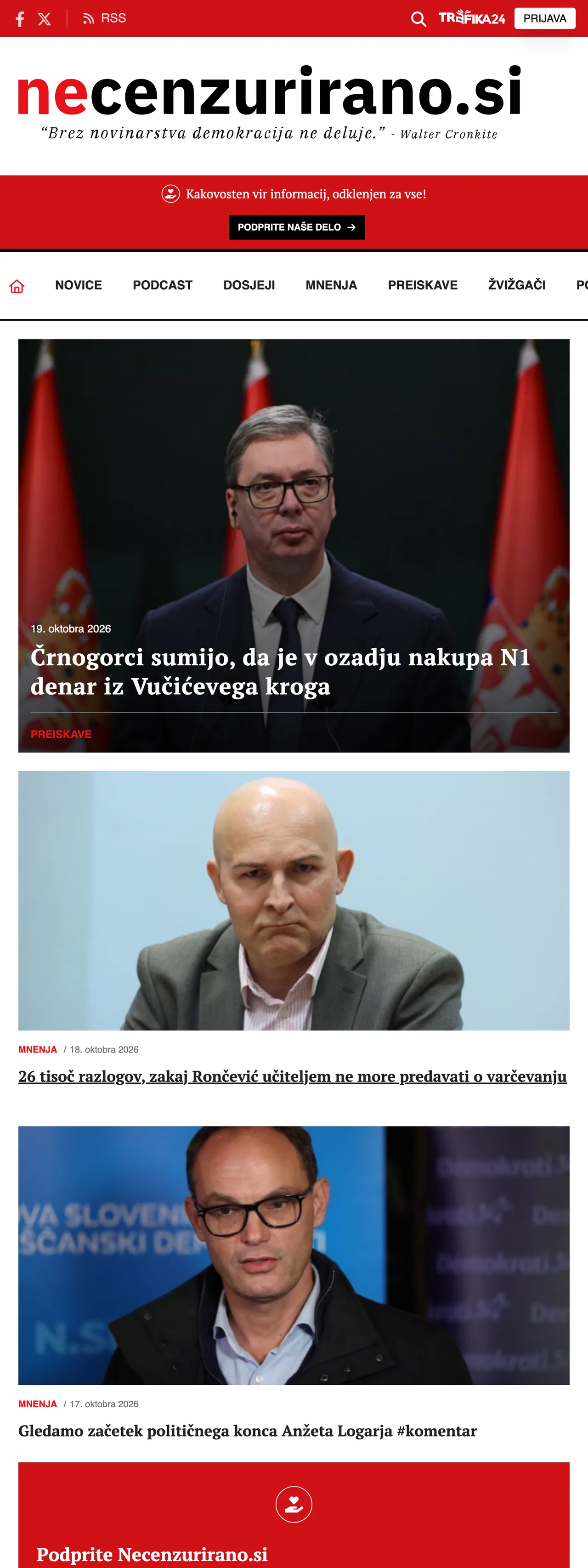 Screenshot of the Necenzurirano front page