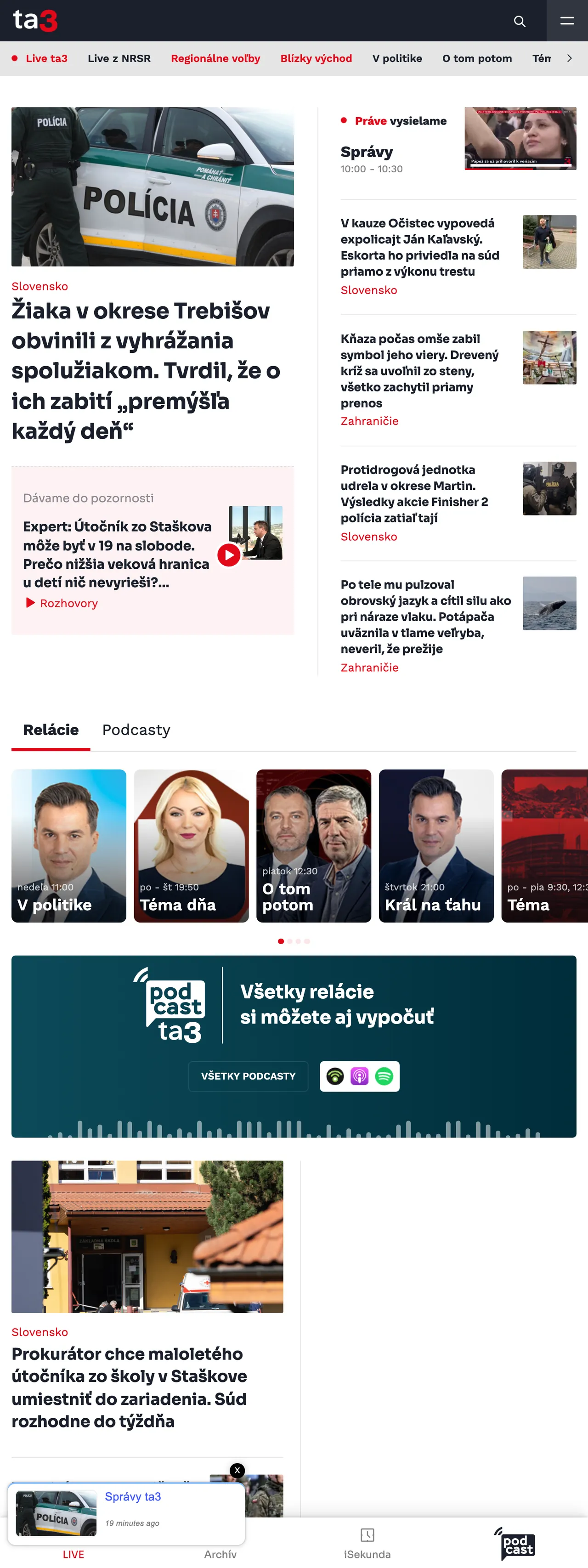 Screenshot of the TA3 front page