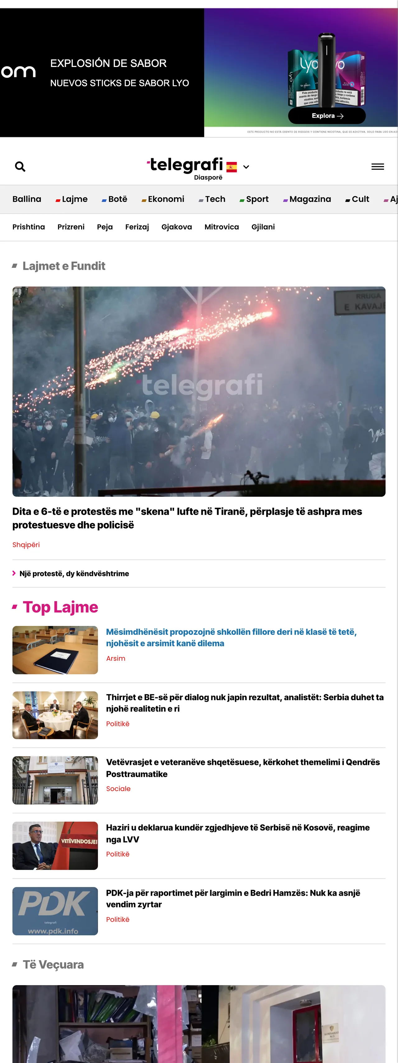 Screenshot of the Telegrafi front page